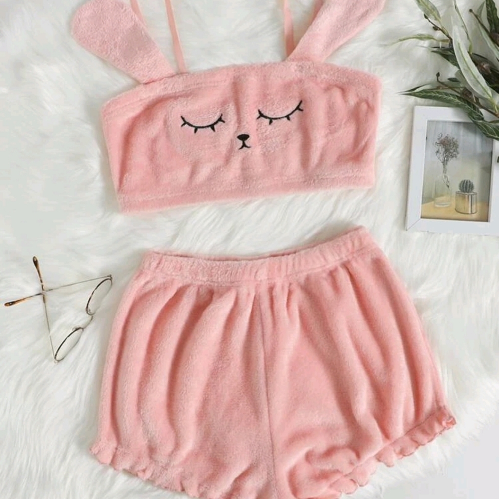 Cartoon Embroidered Flannel PJ Set